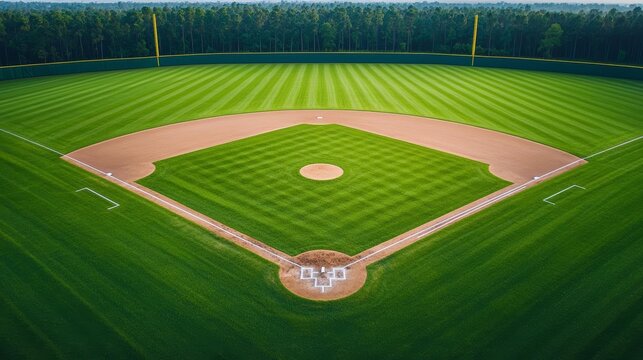 Aerial view of a baseball field with distinct infield lines and lush green grass, sports facility, field maintenance