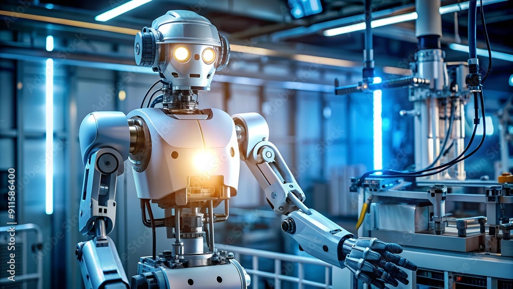 Poster the gleaming heart of innovation: a robot's mechanical core glowing in a high-tech lab ai generated