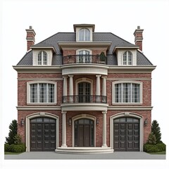 Front view of a luxury brickwall house isolated on a white background