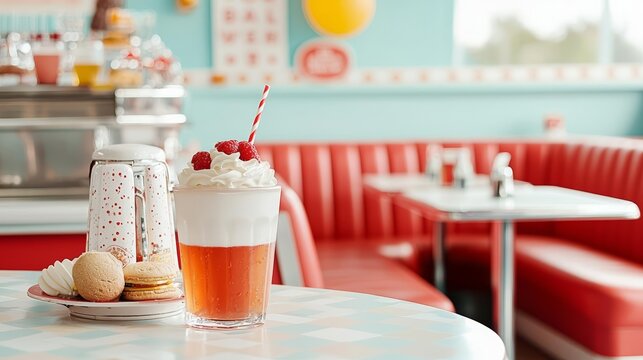 Classic retro diner interior with a soda fountain and red booths, 1950s American style