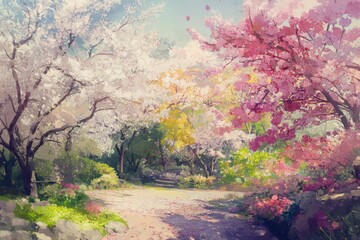 Fototapeta premium Spring's Canvas: A High-Resolution Hand-Drawn Illustration of Nature's Palette in a Blossoming Garden, Welcoming the Season's Colors with Artistic Flair and the Scent of Freshness in Anime Style.