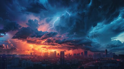 Obraz premium A city skyline is lit up by the bright colors of a storm