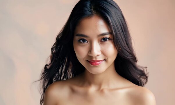 Close-up portrait video of a Vietnamese woman in her 30s wearing knee-length shorts against a pastel or soft colors background