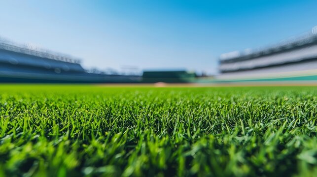 Empty baseball stadium with lush green grass and clear blue sky, sports arena, game day preparation - Powered by Adobe
