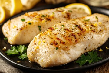 Grilled chicken breasts with herbs on black plate