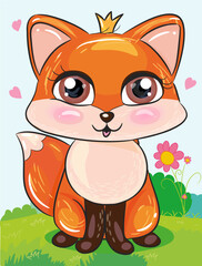 Adorable princess bright fox with a crown on her head. Cute orange forest animal.