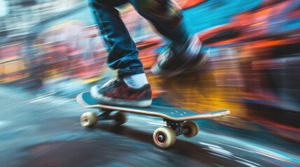 High-speed motion blur of a skateboarder performing tricks in an urban skate park