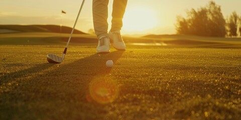 Golfer getting ready to tee off on a golf course Golfer taking a swing with a golf club for the perfect shot