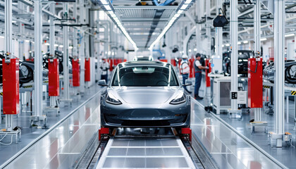 Sleek electric car on assembly line in modern automotive factory with focused workers in background. Concepts of innovation, technology, and efficient manufacturing processes.