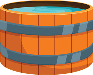 Large wooden bucket is standing full of water, ready to be used for garden irrigation