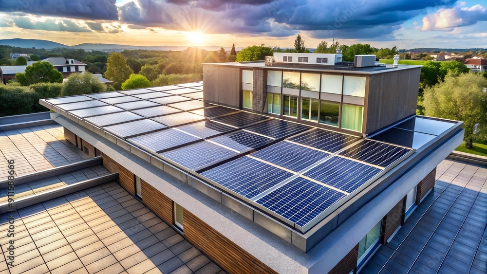 Poster sleek and modern solar panel integration on a rooftop with geometric patterns ai generated