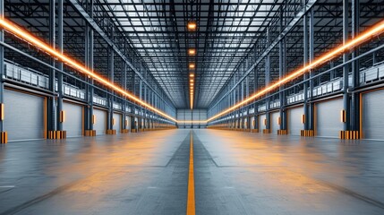 Fototapeta premium High-ceilinged warehouse with rows of LED lights, spacious and empty, ready for storage or manufacturing