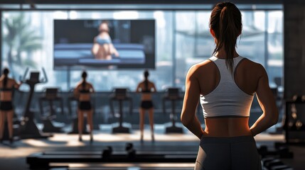 Female fitness instructor leading a workout class in a gym
