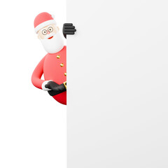 3D cartoon character of Santa Claus is hiding behind a white board.