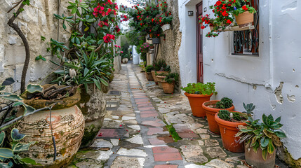 Obraz premium Charming narrow alley in Mediterranean coastal town 
