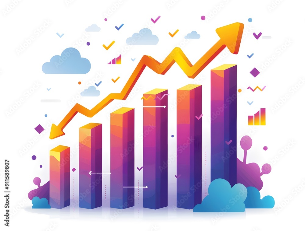 Poster a colorful graph with a downward arrow pointing to the left. the graph is made up of purple and oran