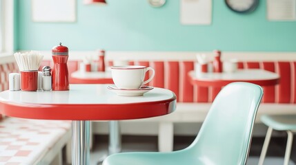 Vintage American cafe with a red and white color scheme, 1950s style, retro interior design