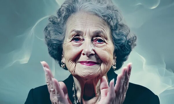 Medium shot portrait video of a 100-year-old elderly Swedish woman against an abstract background