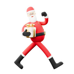 3D cartoon character of Santa Claus running with his gift.