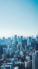vertical long shot photo of urban cityscape, high-rise city building landscape with blue color ambience