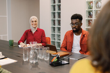 Positive collaboration diverse startegy session tech startup company