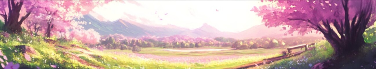Obraz premium Spring's Welcoming Embrace: A High-Resolution Hand-Drawn Illustration of Nature's Awakening on a Blossoming Meadow, Celebrating the Season's Renewal with Vitality and Warmth in Anime Style.