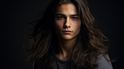 Happy cheerful young latino generation z. Smiling ethnic cool generation z teenage student, long hair, gray background.