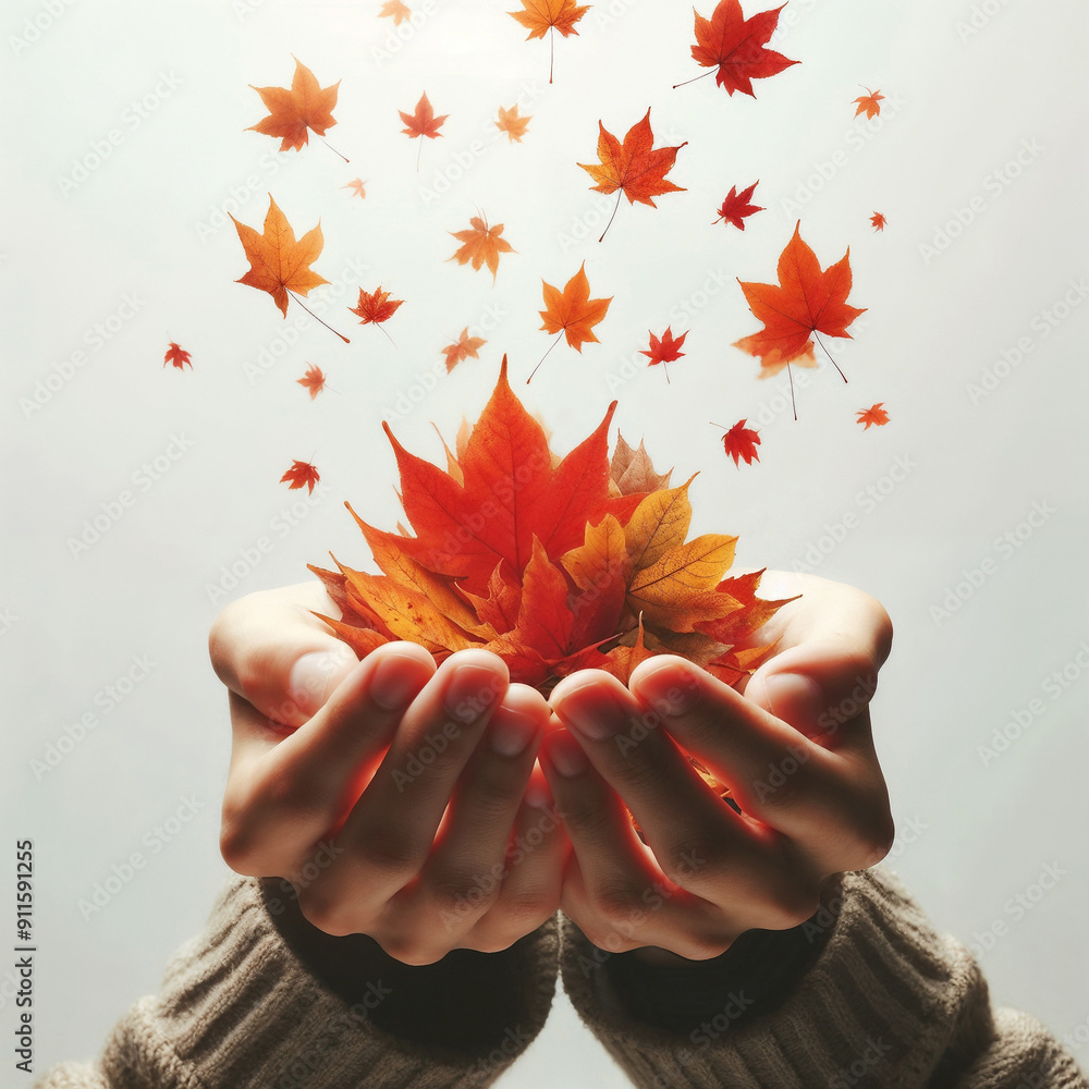 Poster Hands with autumn leaves on white background. AI