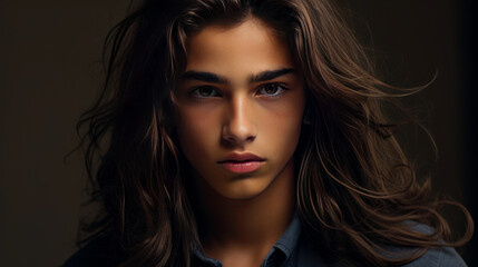 Fototapeta premium Happy cheerful young latino generation z. Smiling ethnic cool generation z teenage student, long hair, gold brown background.