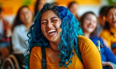Joyful Disabled Asian Woman with Blue Hair Embracing Inclusion in Office Environment