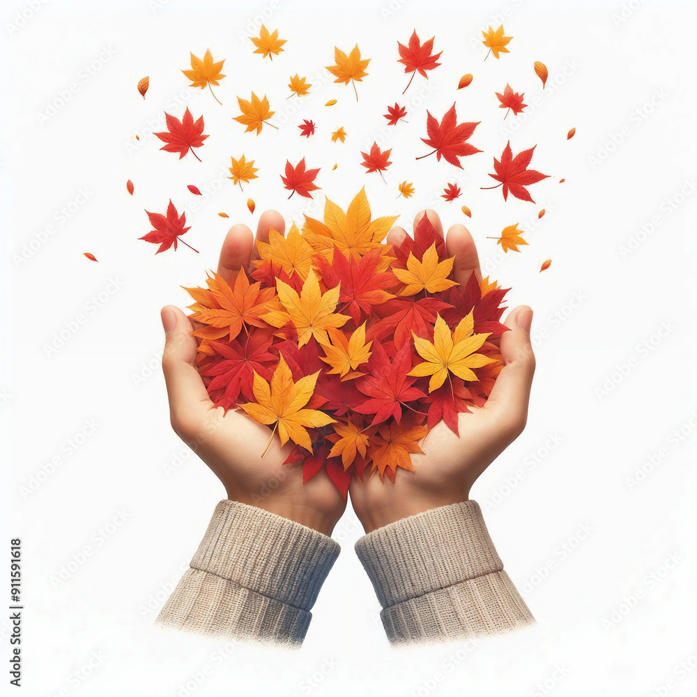 Canvas Prints Hands with autumn leaves on white background. AI