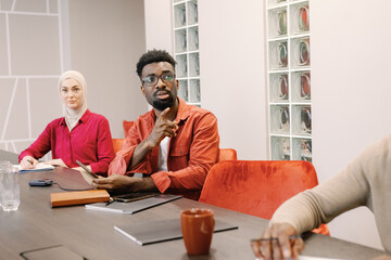 Strategic meeting thoughtful participation modern office