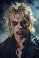 Portrait of a blonde male vampire zombie with dark makeup wearing black tattered clothing at night in a foggy or smokey atmosphere.