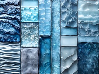 a series of blue and white glass tiles with water drops
