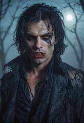 Portrait of a male vampire zombie with dark makeup wearing black tattered clothing in a forest at night.