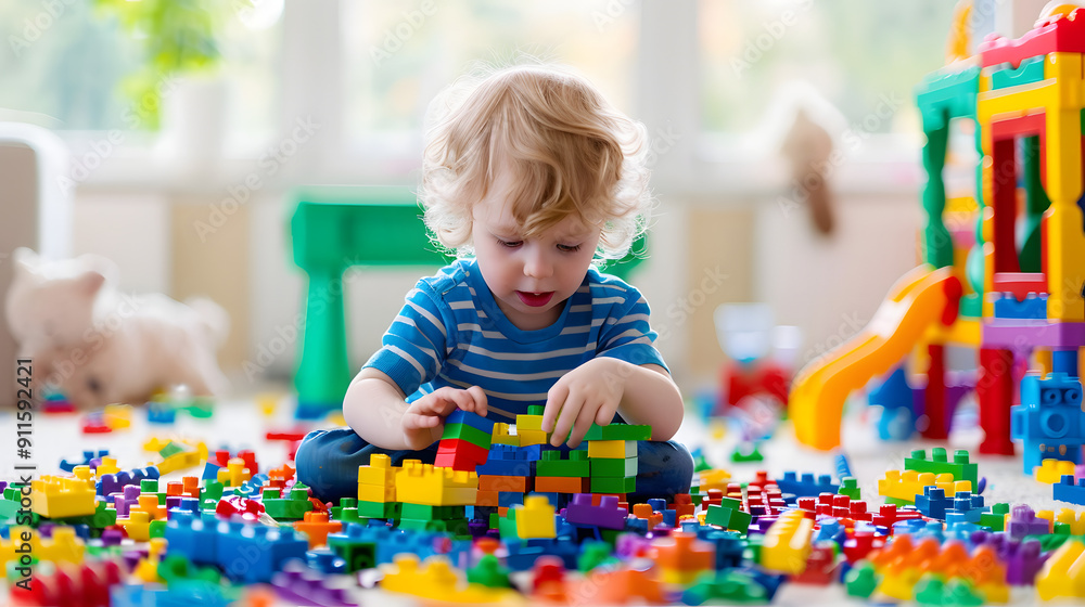 Poster child playing with colorful building blocks in a bright playroom