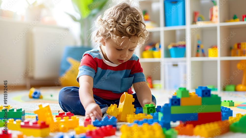 Poster child playing with colorful building blocks in a bright playroom