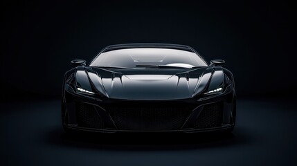 Luxury expensive car parked on dark background. Sport and modern luxury design gray car. Shiny clean lines and detailed front view of modern automotive. Automotive advertising banner.