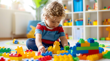 Fototapeta premium Child playing with colorful building blocks in a bright playroom 