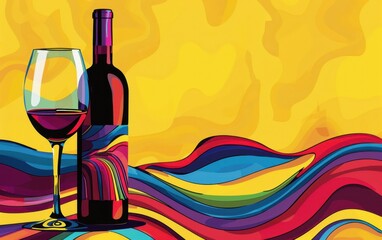Wine bottle and wine glass in colorful pop art style on yellow background with copy space Generative AI