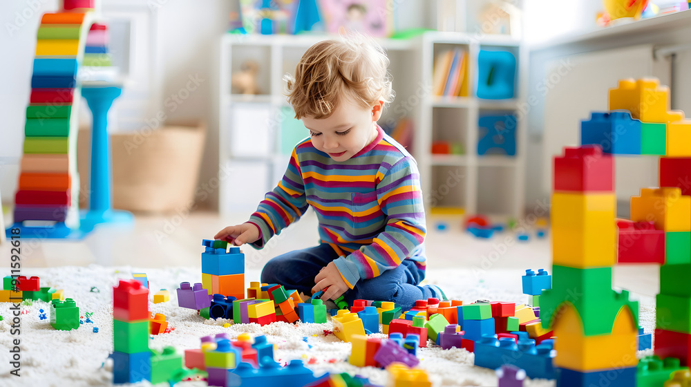 Poster child playing with colorful building blocks in a bright playroom