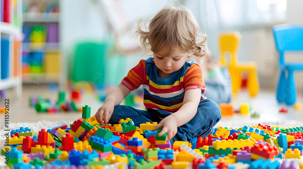 Poster child playing with colorful building blocks in a bright playroom