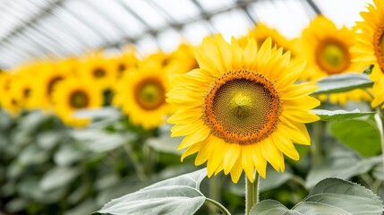 A greenhouse filled with tall, lush ferns and hanging baskets overflowing with colorful flowers