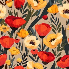 Cute Feminine Seamless Pattern Featuring Colorful Wildflowers on Neutral Background