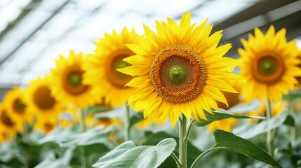 Obraz premium A greenhouse filled with tall, lush ferns and hanging baskets overflowing with colorful flowers