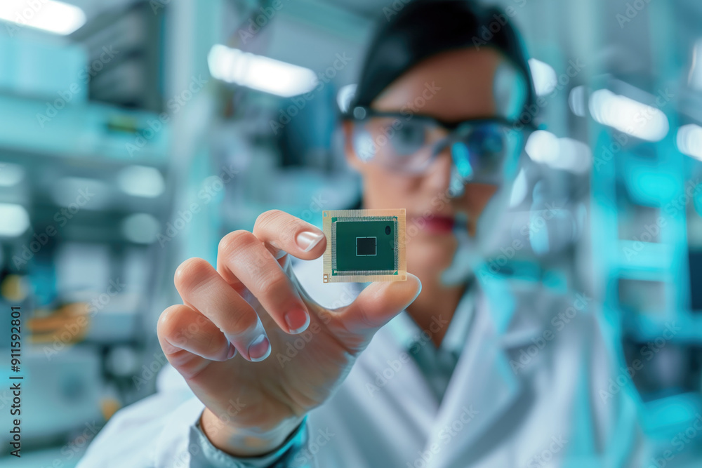 Poster scientist in a lab coat holds a microchip with a focused look, surrounded by laboratory equipment. c