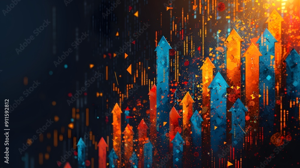 Poster a colorful image of many arrows pointing in different directions. the image has a chaotic and busy f