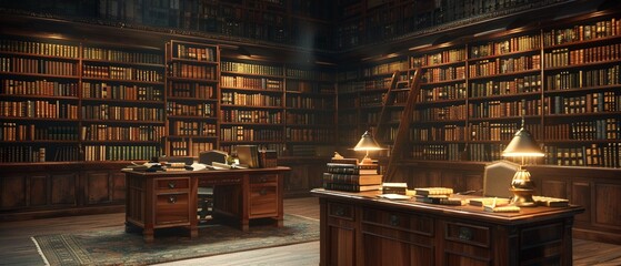 A scholars study with a classic bookshelf full of ancient texts, antique desk, warm lighting, photorealistic, detailed textures, intellectual atmosphere 8K , high-resolution, ultra HD,up32K HD