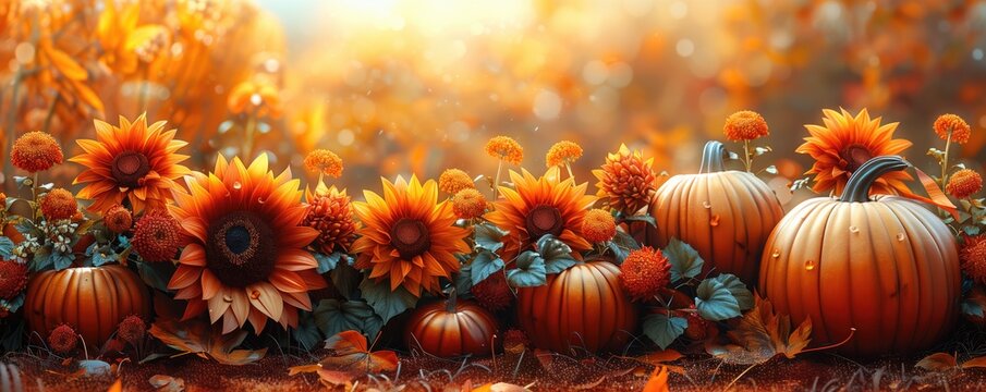 Festive autumn scene with vibrant pumpkins and sunflowers under sunny daylight. Autumnal themes, seasonal decoration, and vibrant harvest celebration.