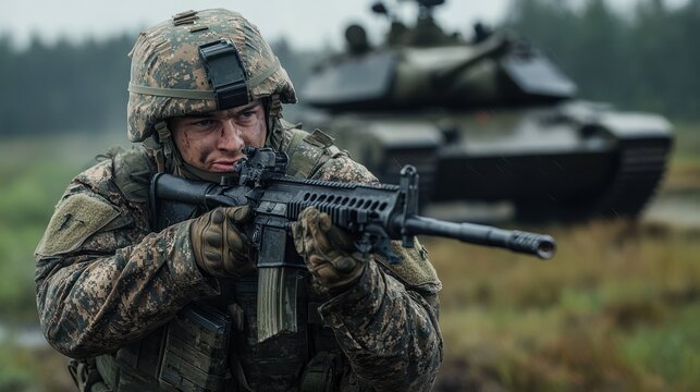 military US army soldier hold machine gun near tank